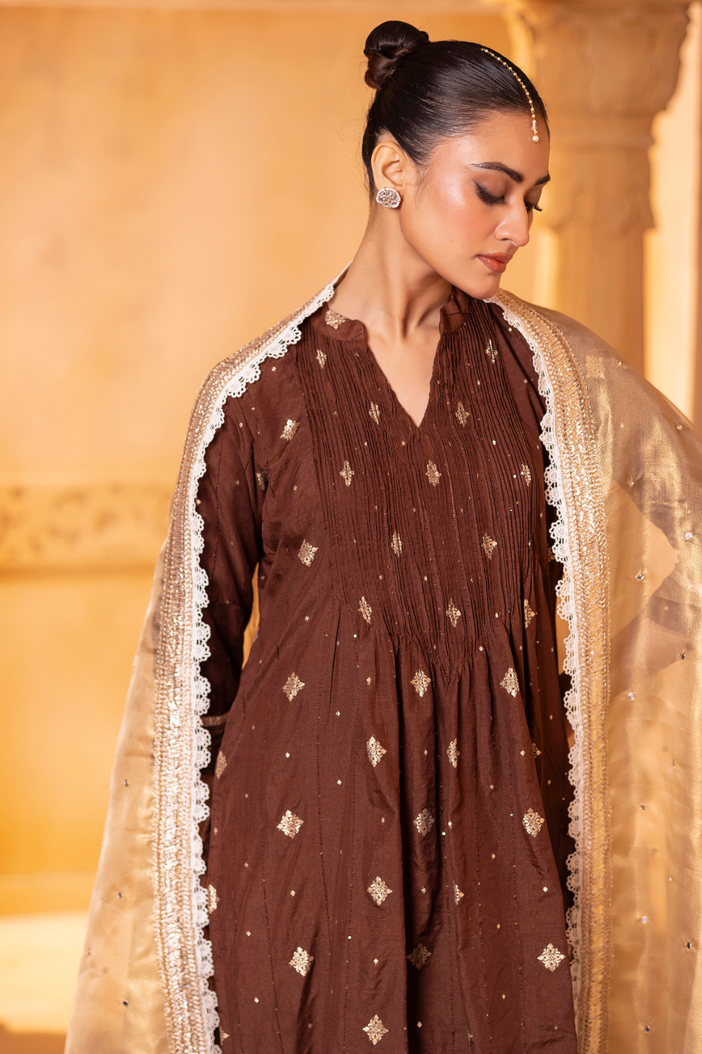 Brown Pintuck Kurta Set