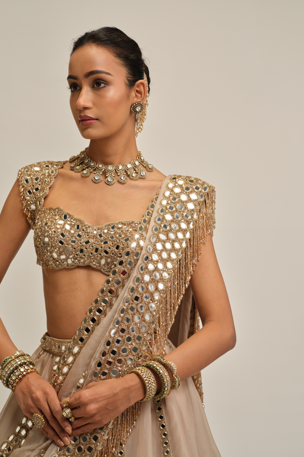 Light Beige Mirror Linear Embroidered Lehenga Set