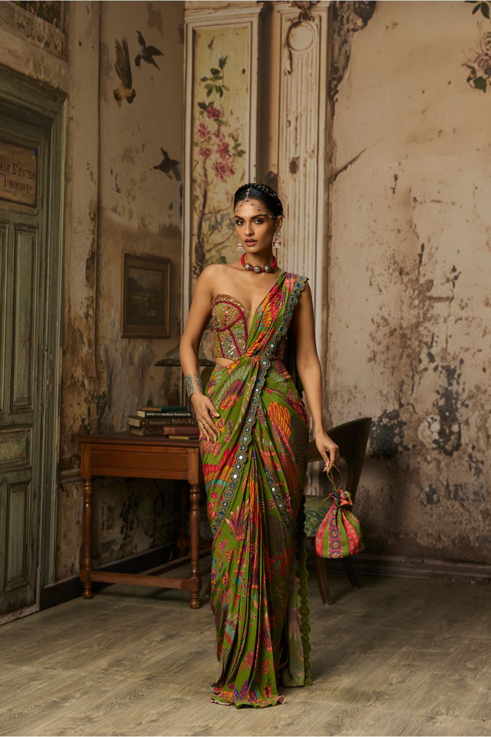 PEAR GREEN PRINTED AND HIGHLIGHTED RUFFLE SKIRT SAREE SET