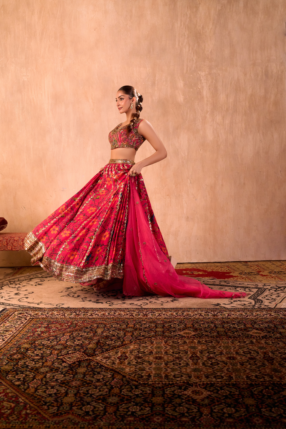 PINK PRINT EMBROIDERED CHOLI, LEHENGA AND DUPATTA SET