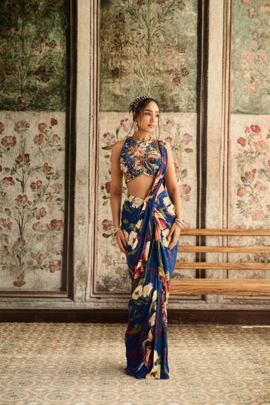 BLUE FLORAL PRINTED SKIRT SAREE SET