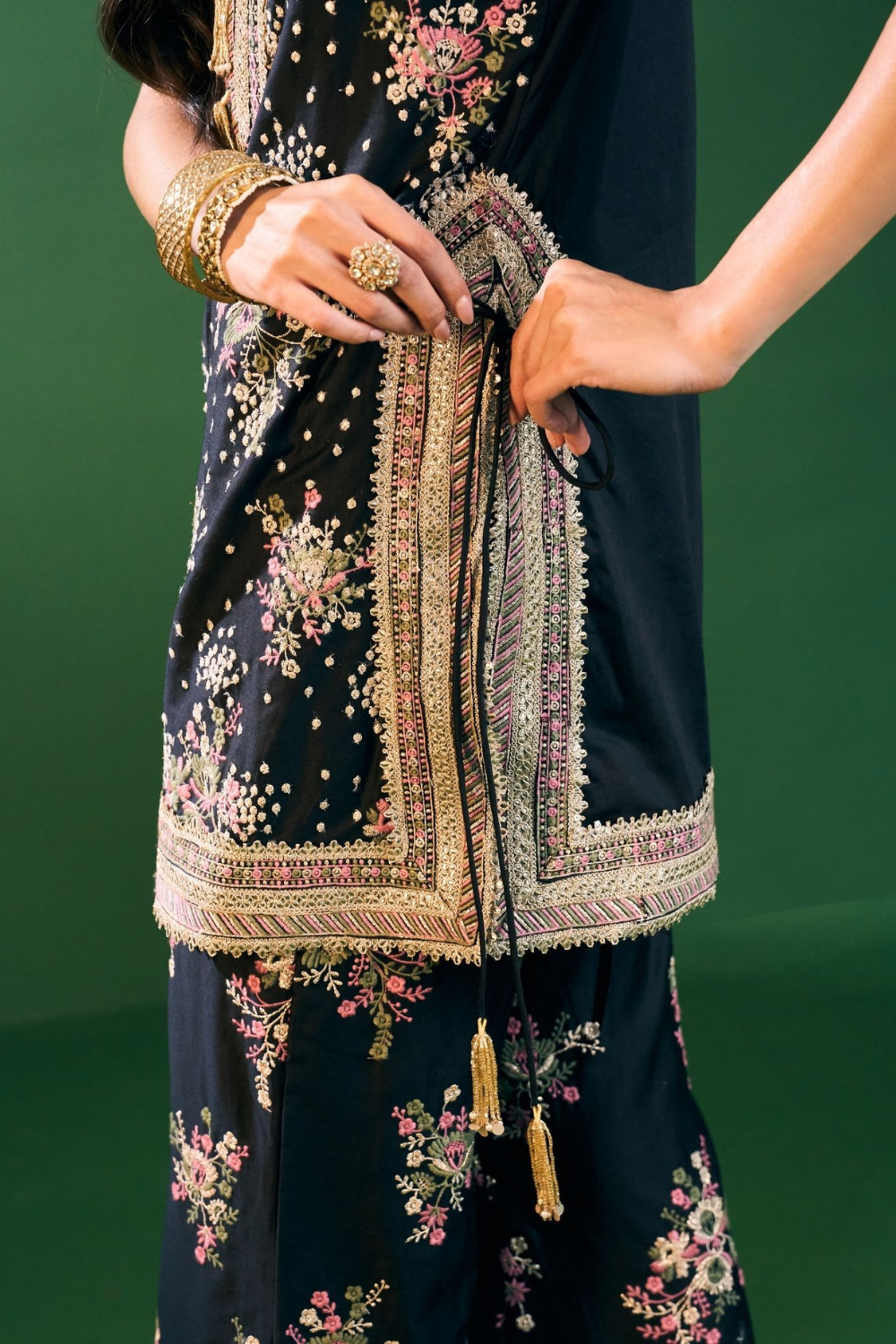 Lami Pima Satin Black Kurta With Flared Bell-Bottom Pants