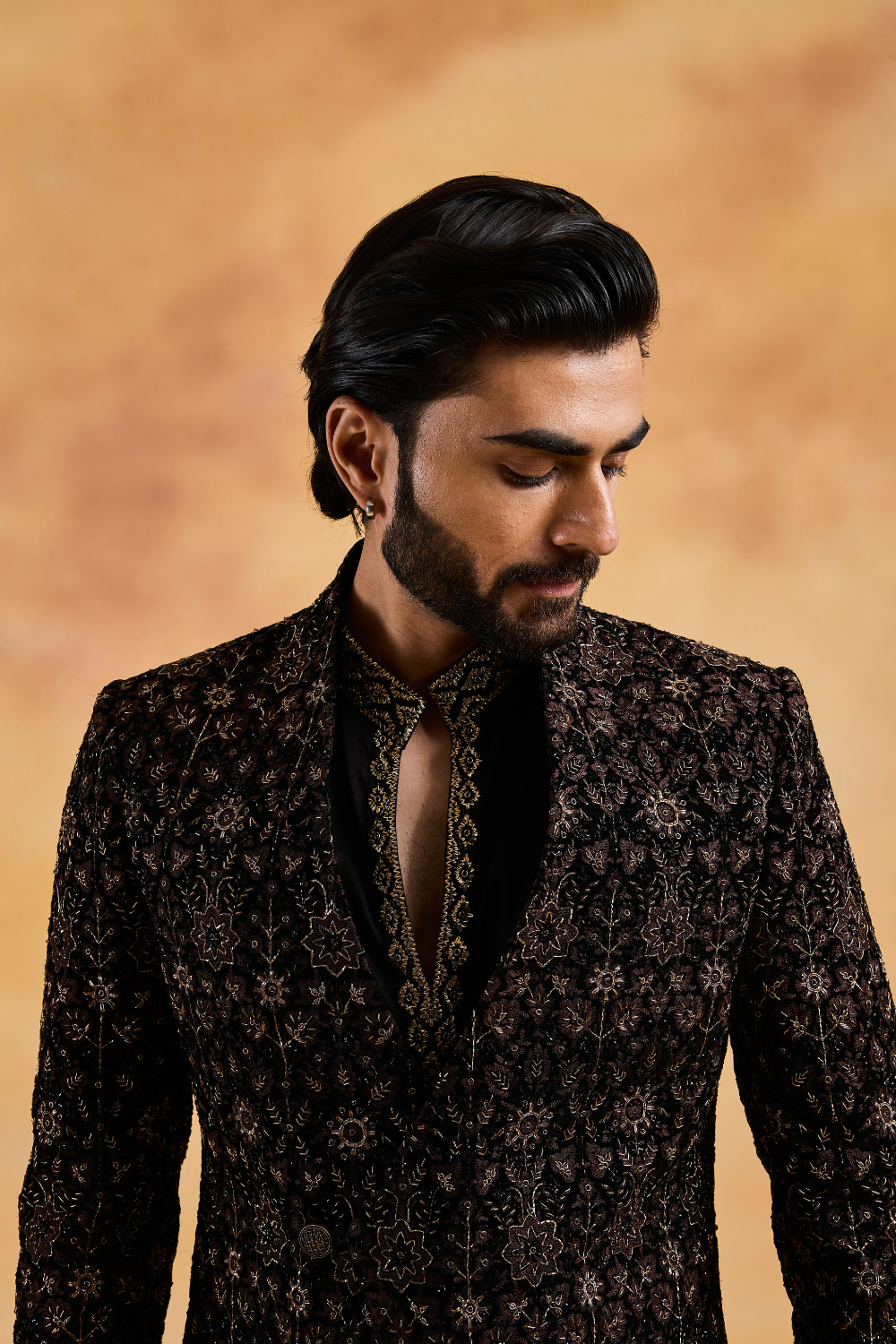 Black Velvet Overlap Jacket with Kurta and Trousers