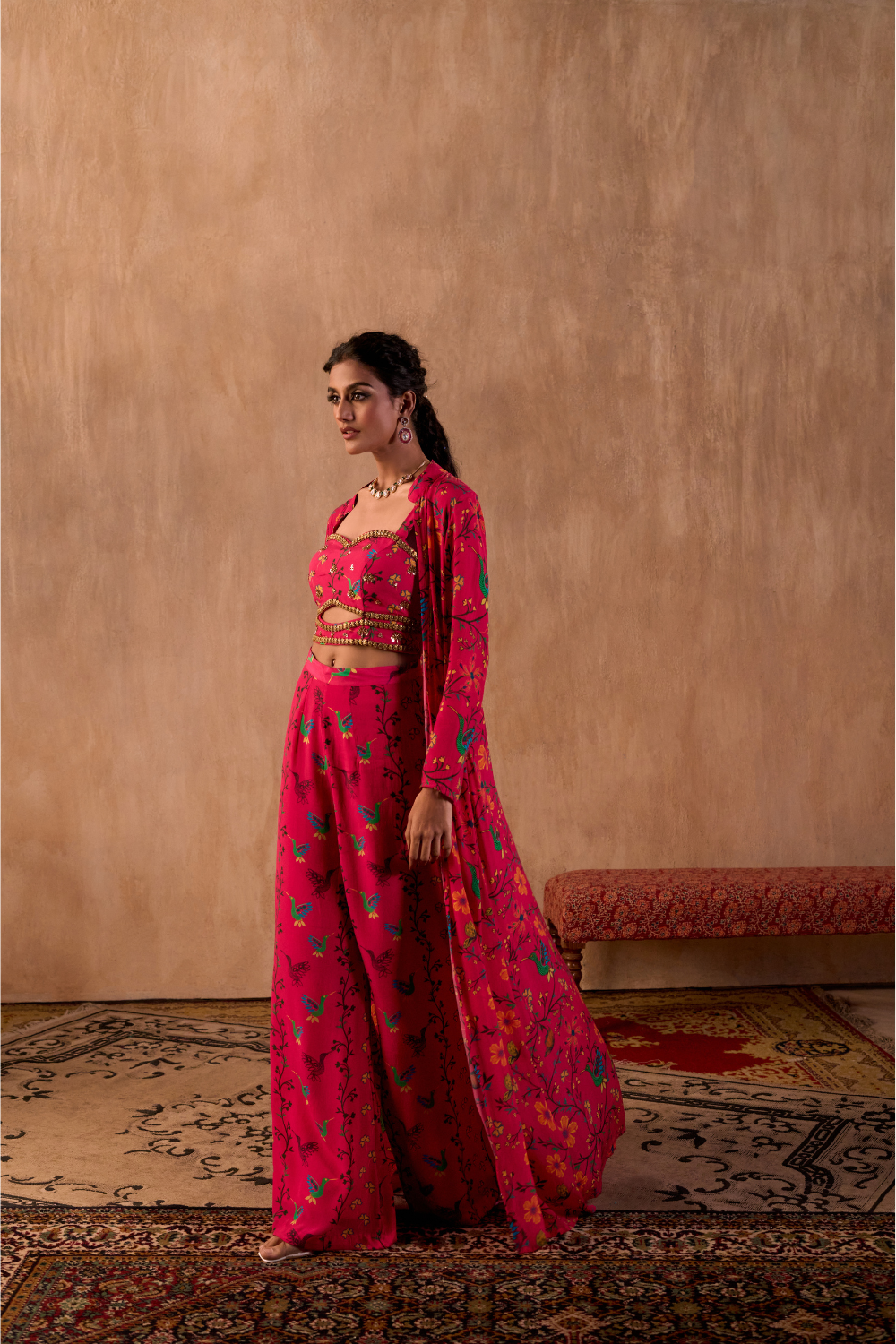 PINK PRINT EMBROIDERED CHOLI, PANTS AND JACKET SET