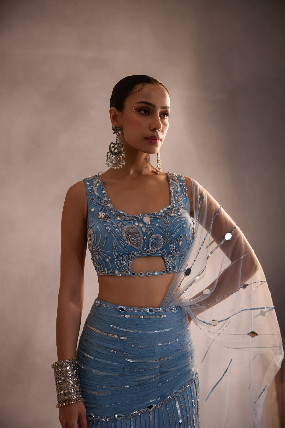 Powder Blue Embellished Mermaid Lehenga Saree Set