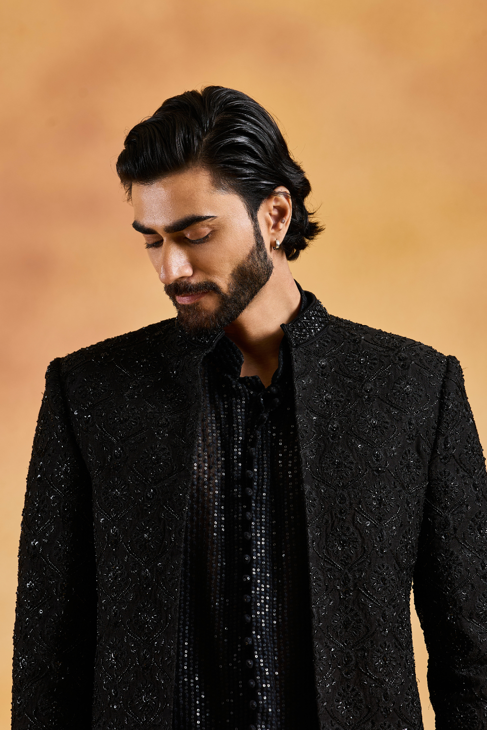 Black Open Jacket with Short Kurta and Pants
