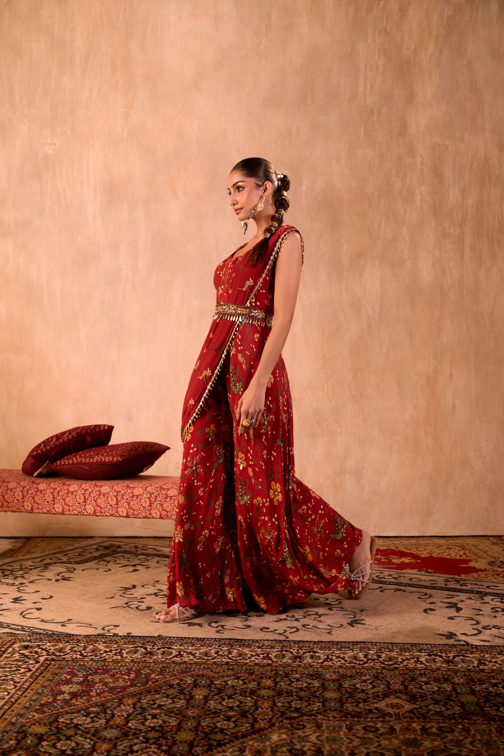 RED PRINT EMBROIDERED JUMPSUIT WITH DRAPE AND BELT SET