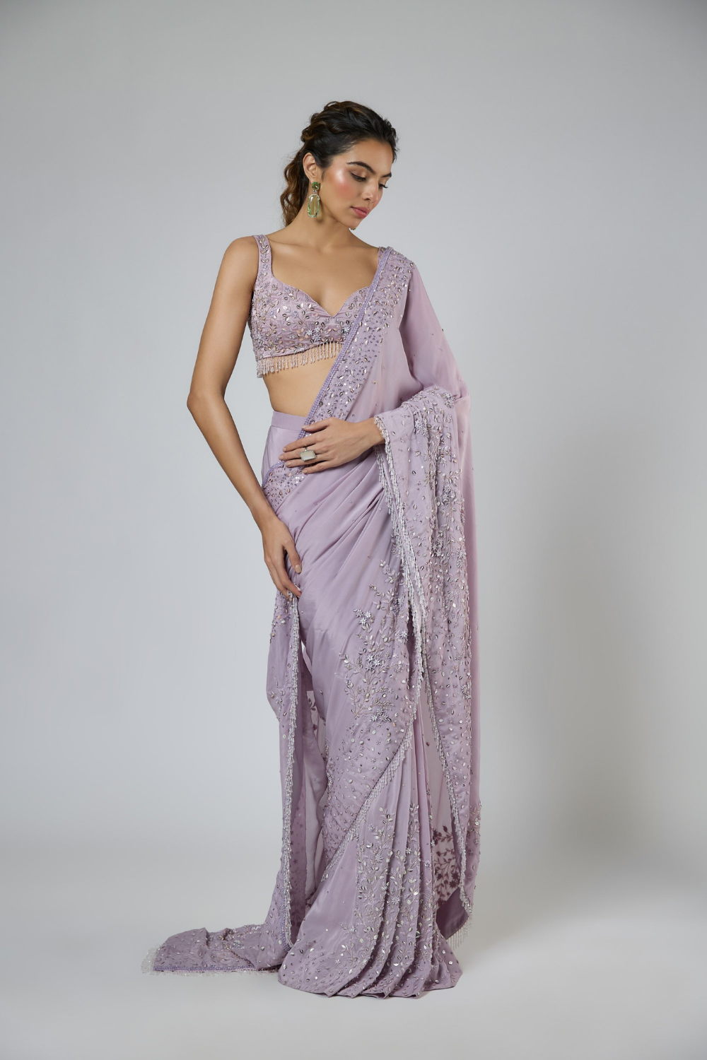 Dusty Lilac Heavy Intricate Floral Embroidered Saree Set