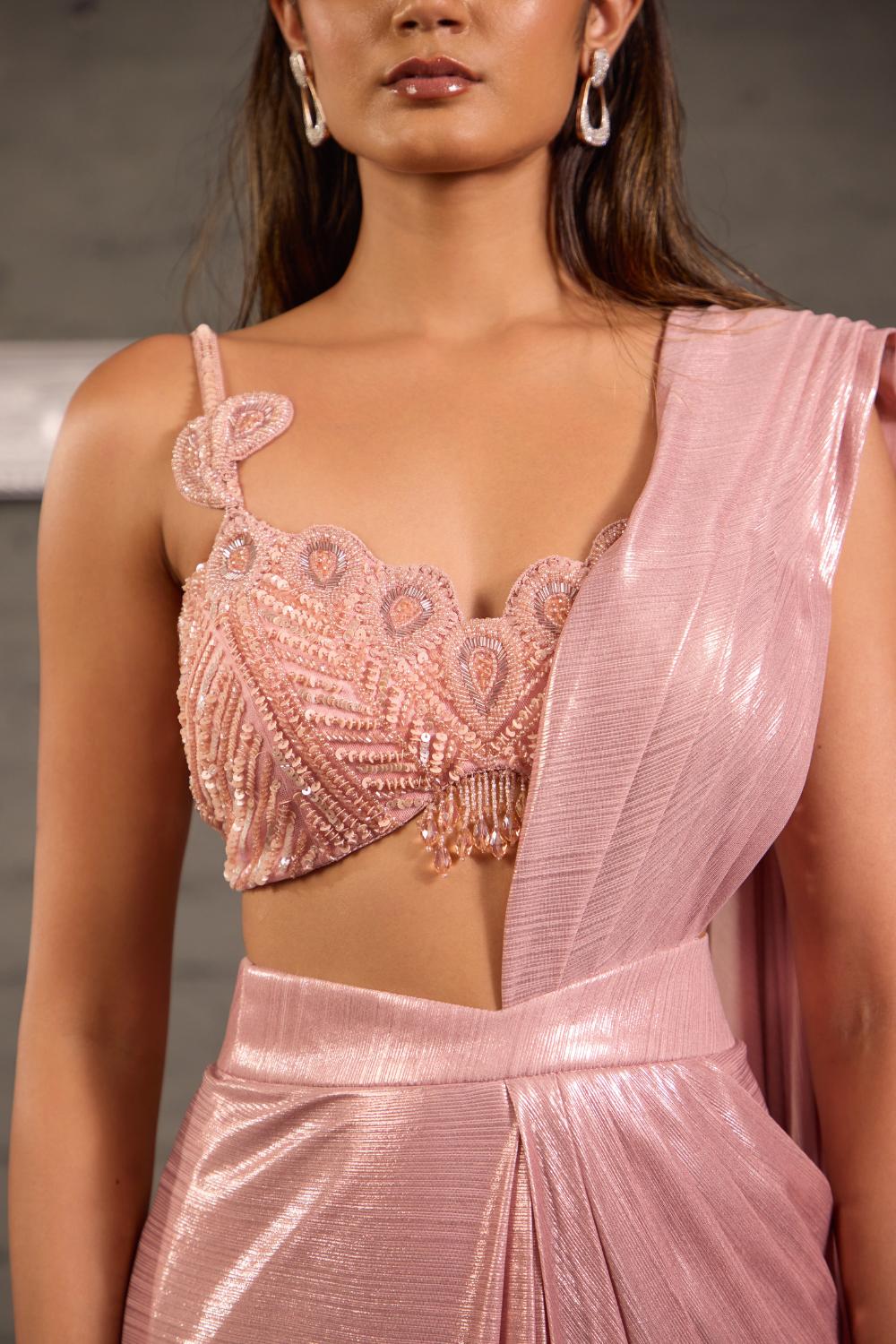 Pink Cutwork Blouse With  Metallic Drape Saree