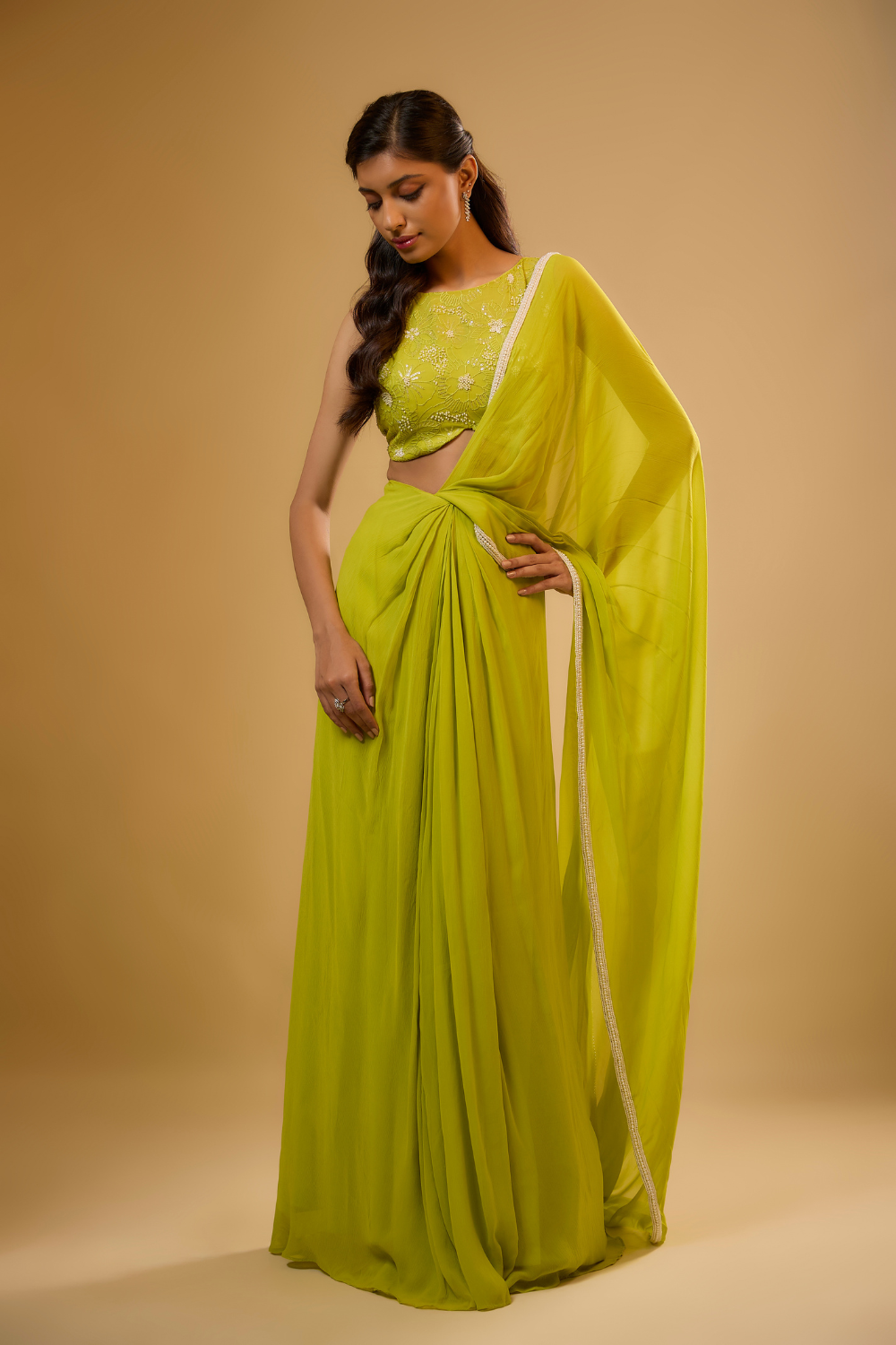 Citrus green pre-stitched georgette saree set embroidered with sequins, glass beads & threadwork