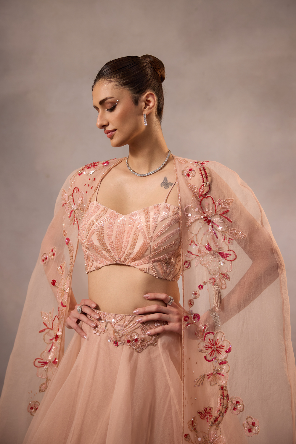 Powder Pink Embroidered Lehenga Set  with cape -set of 3