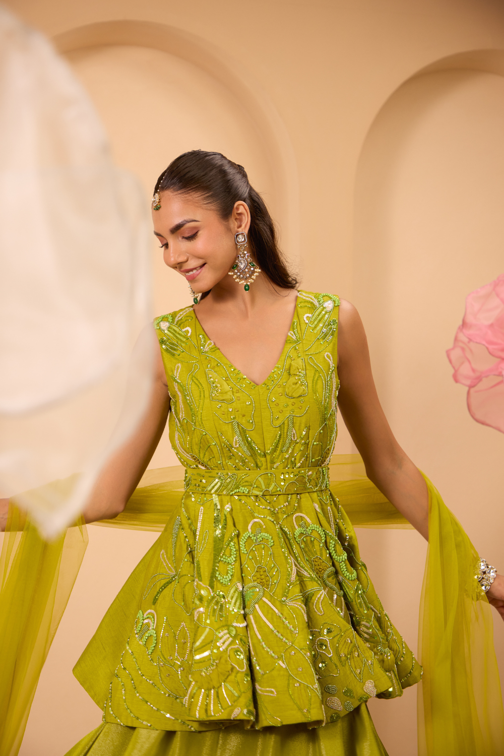 Green Hand Embroidered Peplum W/Lehenga & Dupatta
