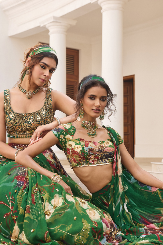 GREEN FLORAL PRINT AND HIGHLIGHTED LEHENGA SET