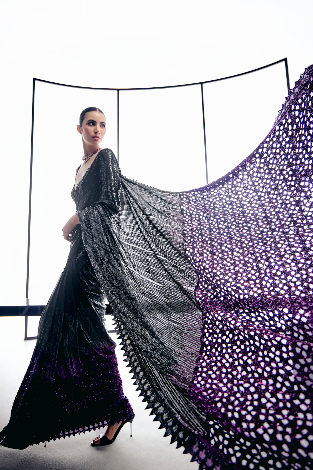 Black to Pruple Sequins Cutwork Saree Set