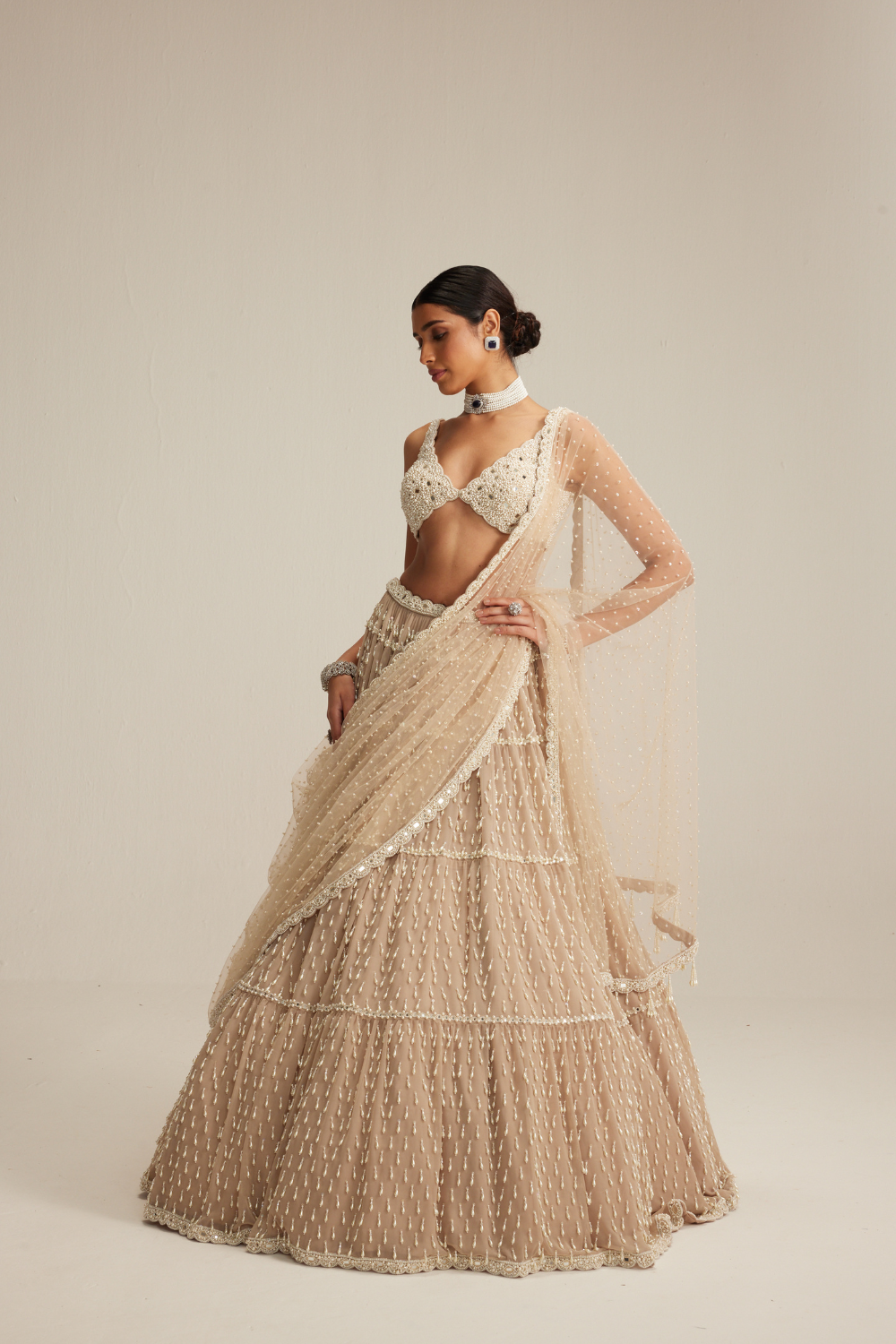 Light Beige Pearl Drop Multitier Lehenga with V neck Blouse