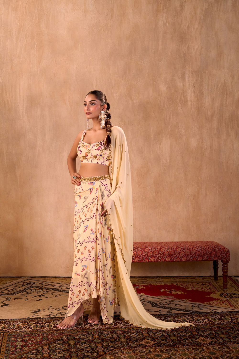 IVORY PRINT EMBROIDERED CHOLI, DRAPED SKIRT AND DUPATTA SET