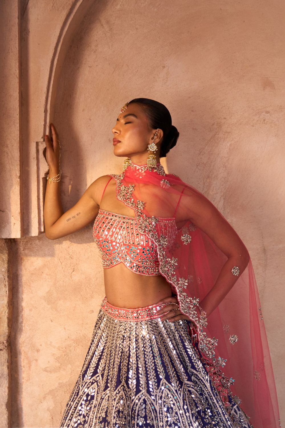 AMRIT — Midnight Indigo Raw Silk Lehenga Set with Contrast Blouse