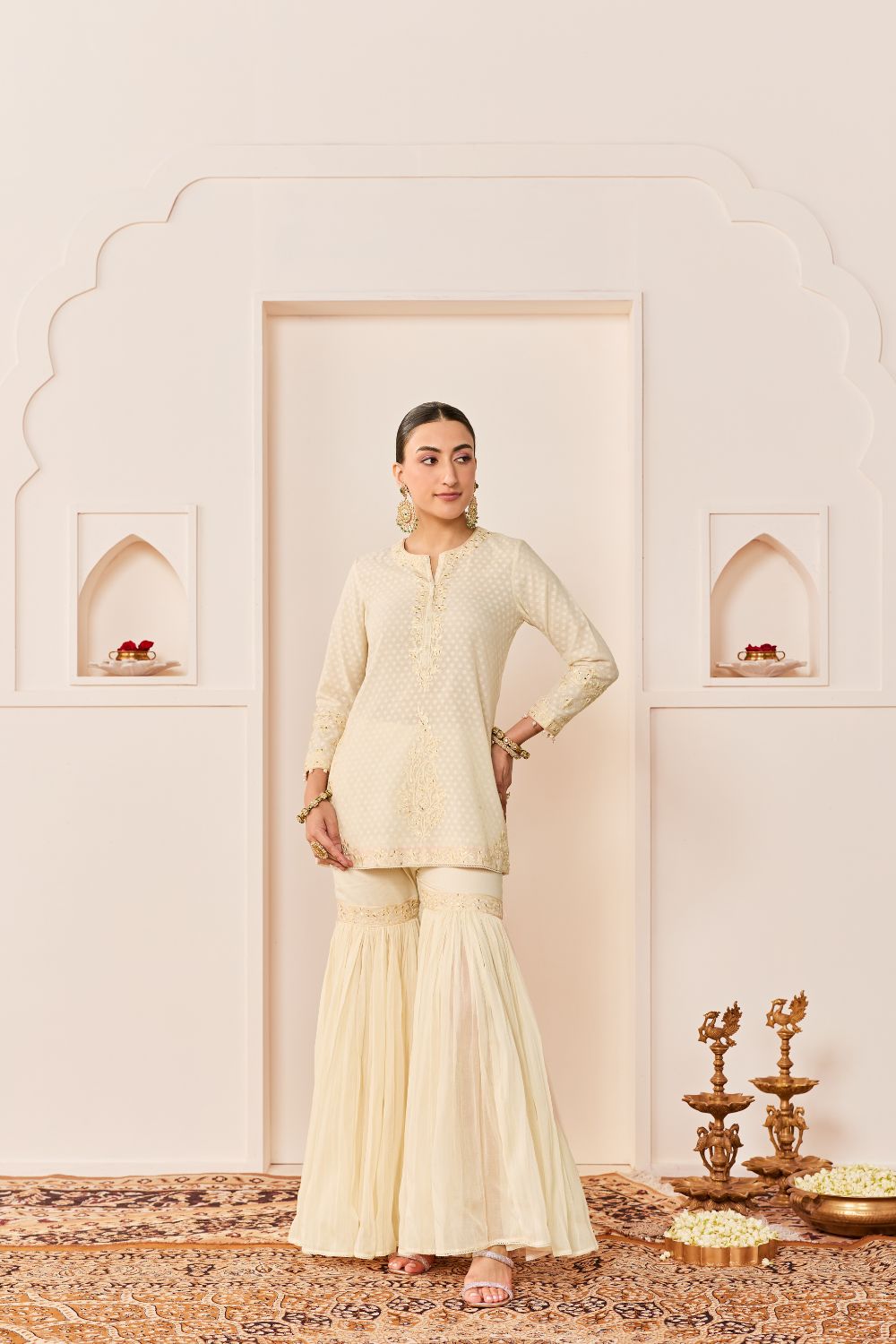 YASNEEN -DAISY IVORY SHORT KURTA WITH GARARA AND DUPATTA