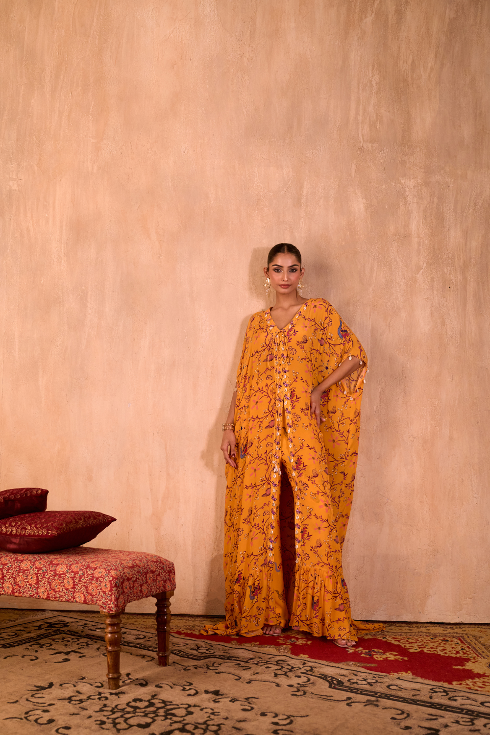YELLOW PRINT EMBROIDERED LONG KAFTAN WITH PANTS SET
