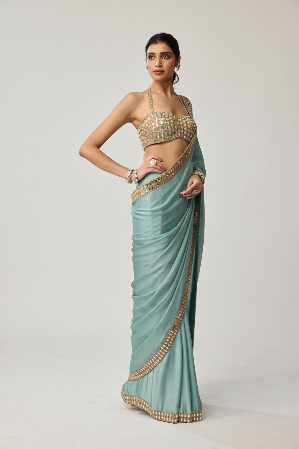 Powder Blue Mirror Satin Saree Set