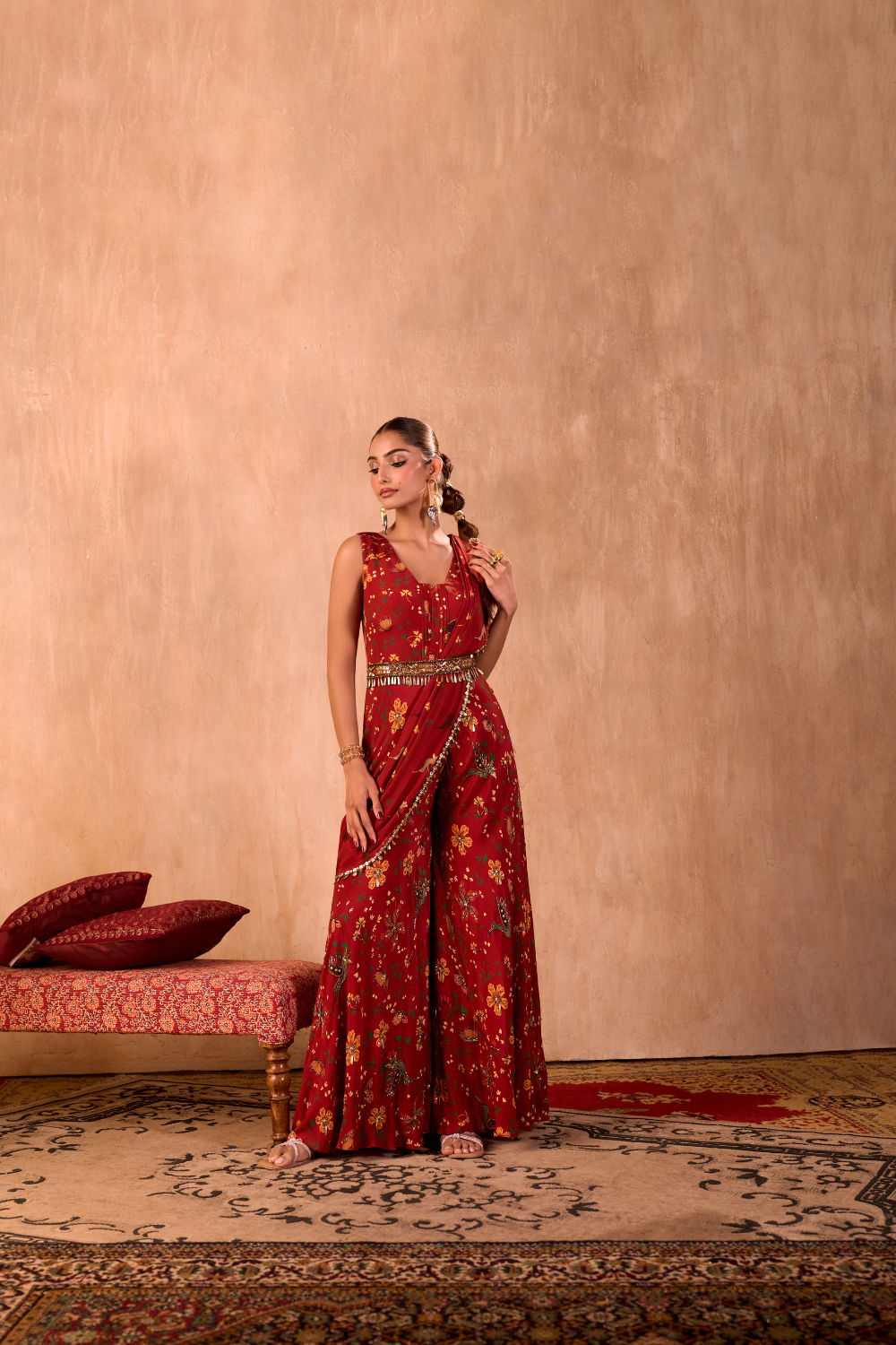 RED PRINT EMBROIDERED JUMPSUIT WITH DRAPE AND BELT SET