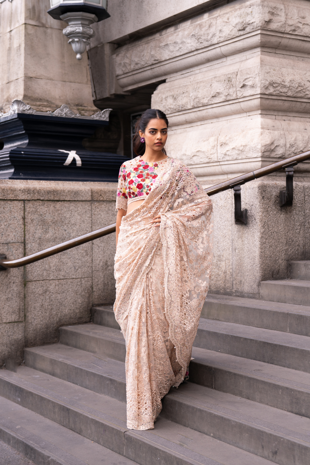 Beige Multi-Coloured Thread Work Saree