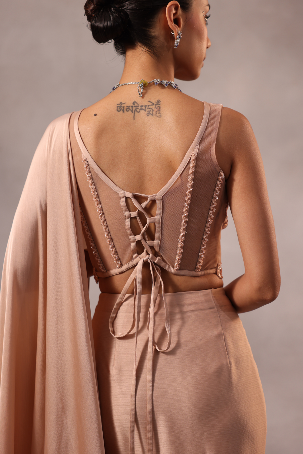 Champagne Pink  Embellished Draped Saree Set with Sculpted Blouse