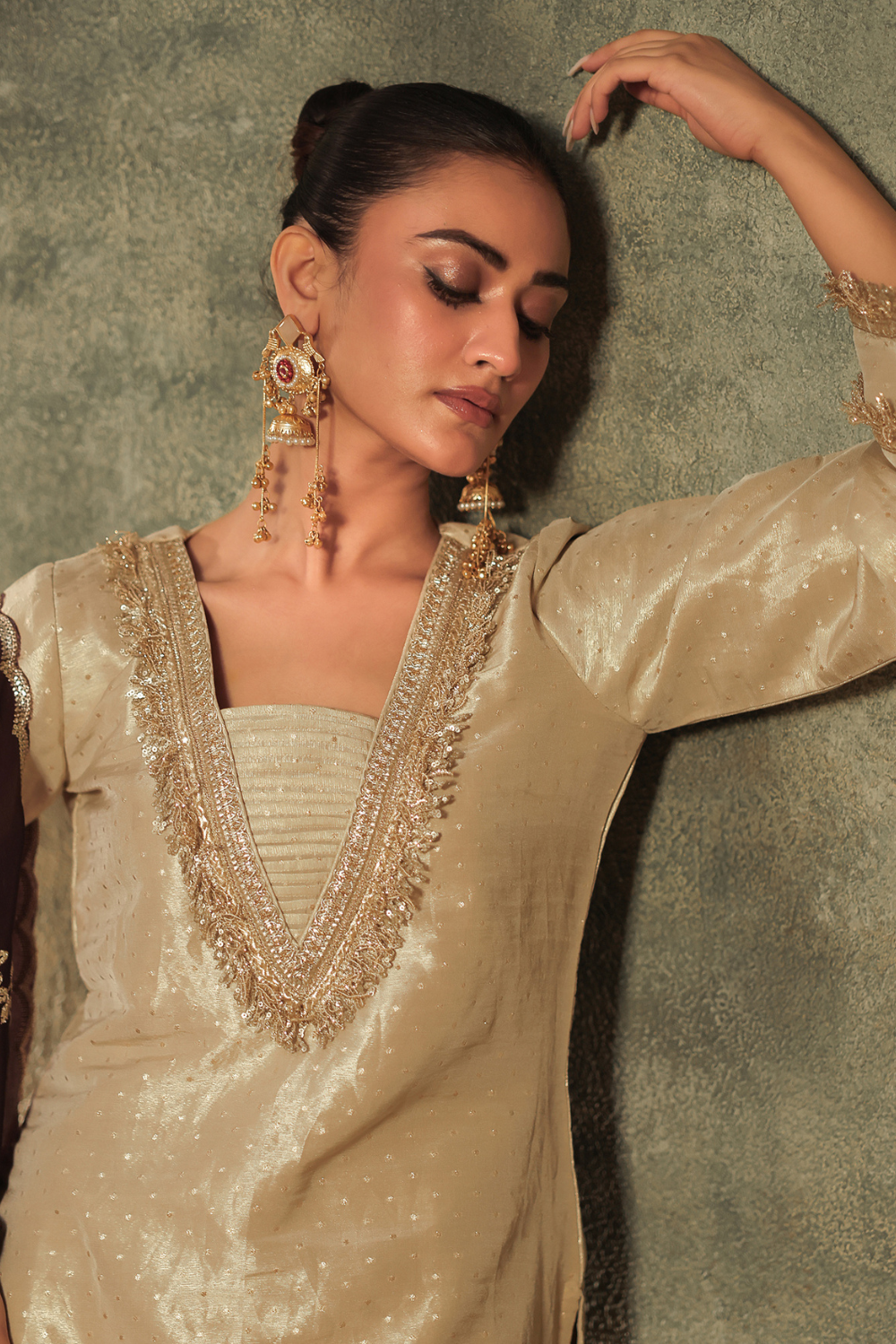 Tissue Kurta with Plum Farshi Set