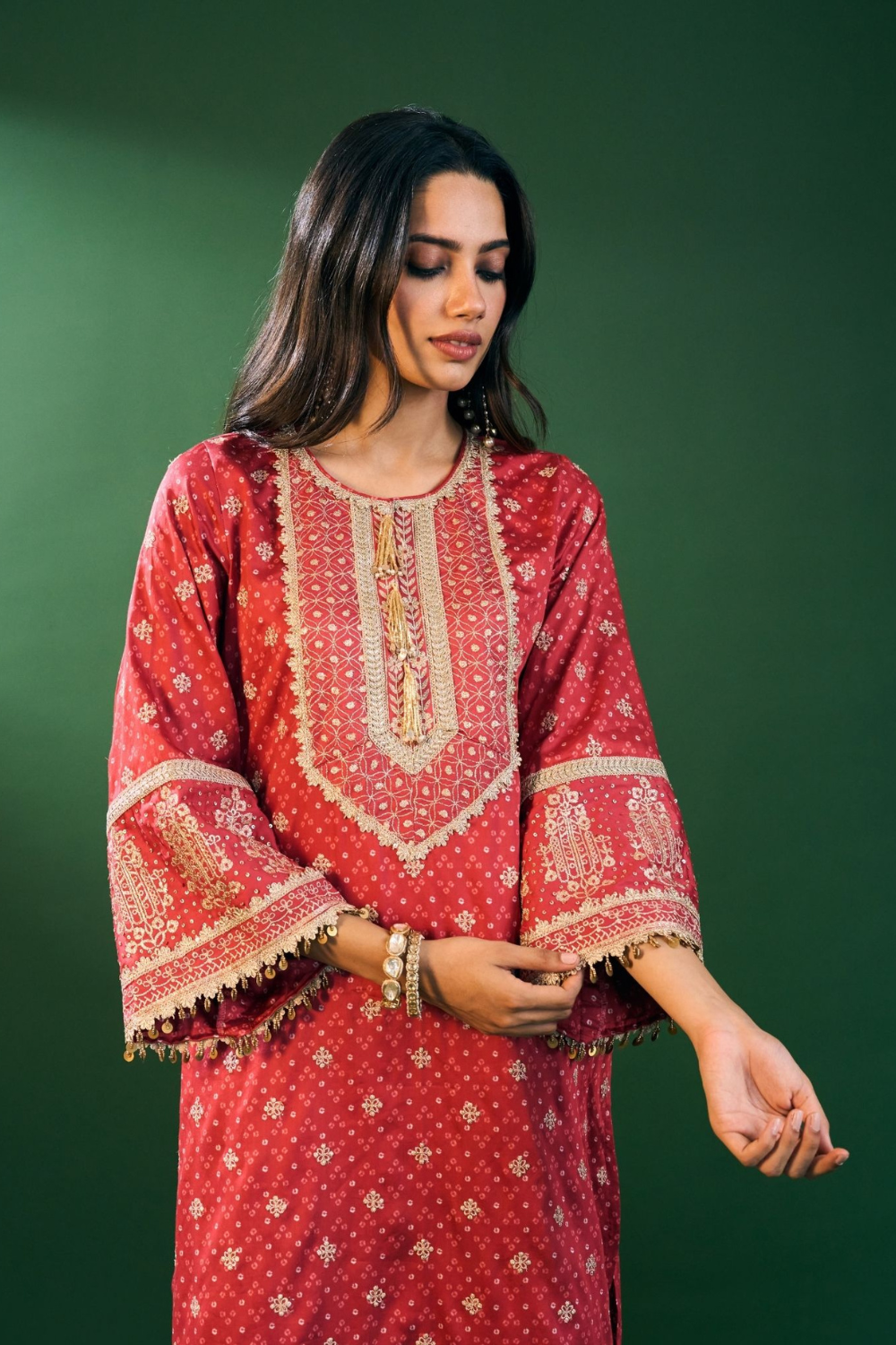 Lari Pima Satin Printed Red Kurta Set