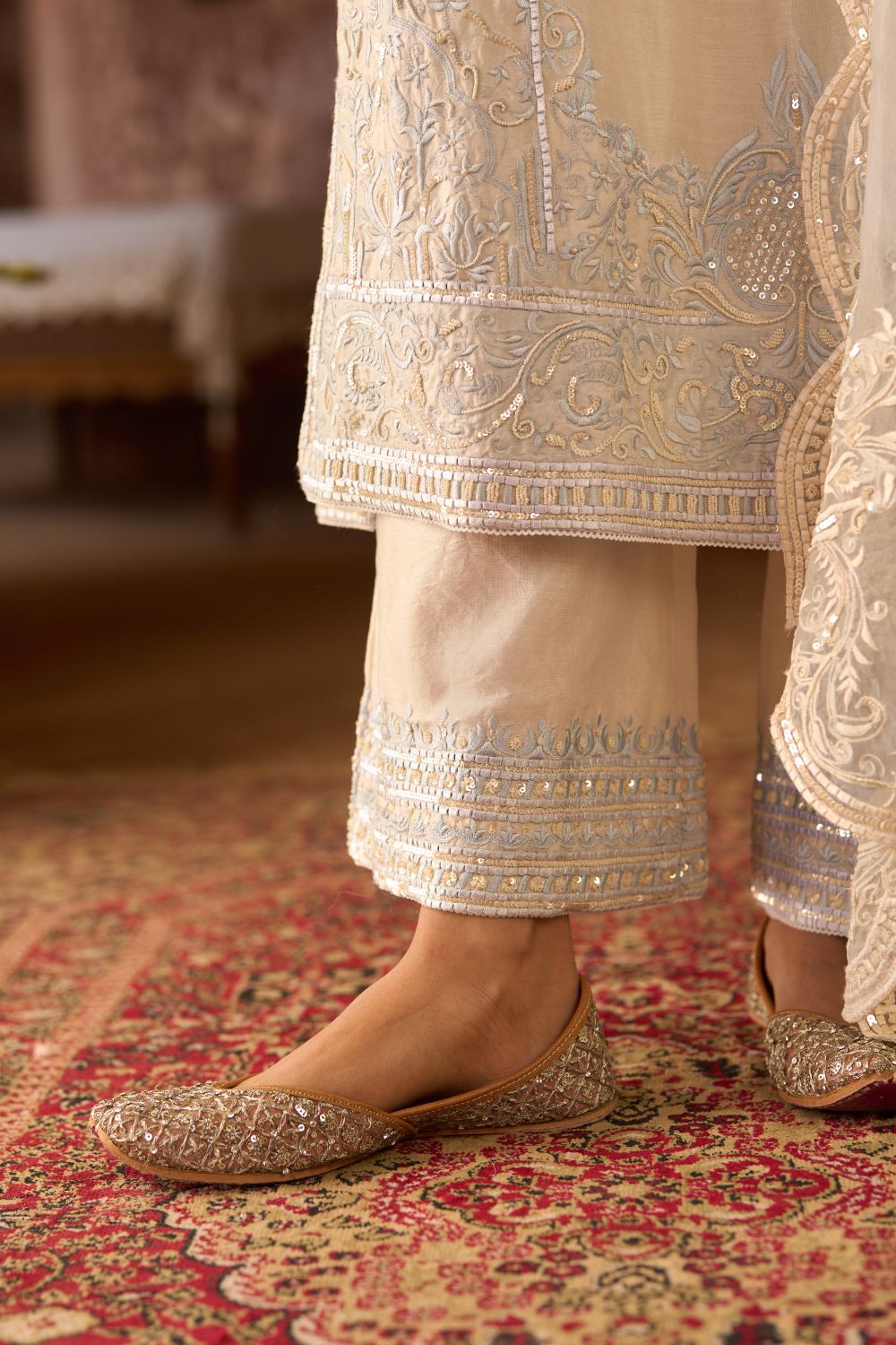 ENA - DAISY IVORY WITH BLUE LONG A-LINE KURTA WITH PALAZZO AND DUPATTA