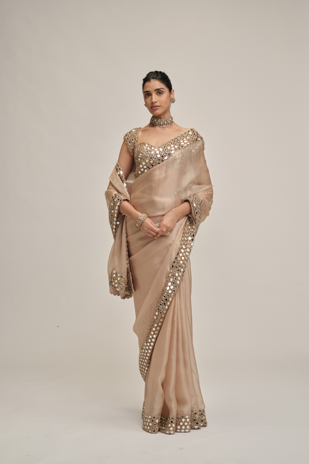 Light Beige Mirror Border Saree Set