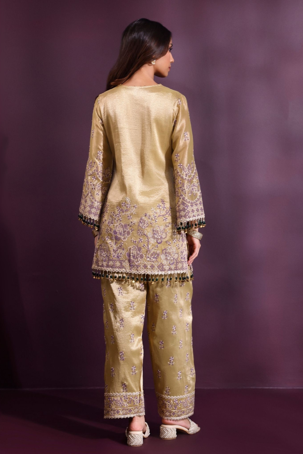 Lovi Tissue Pista Green Kurta With Farshi Salwar