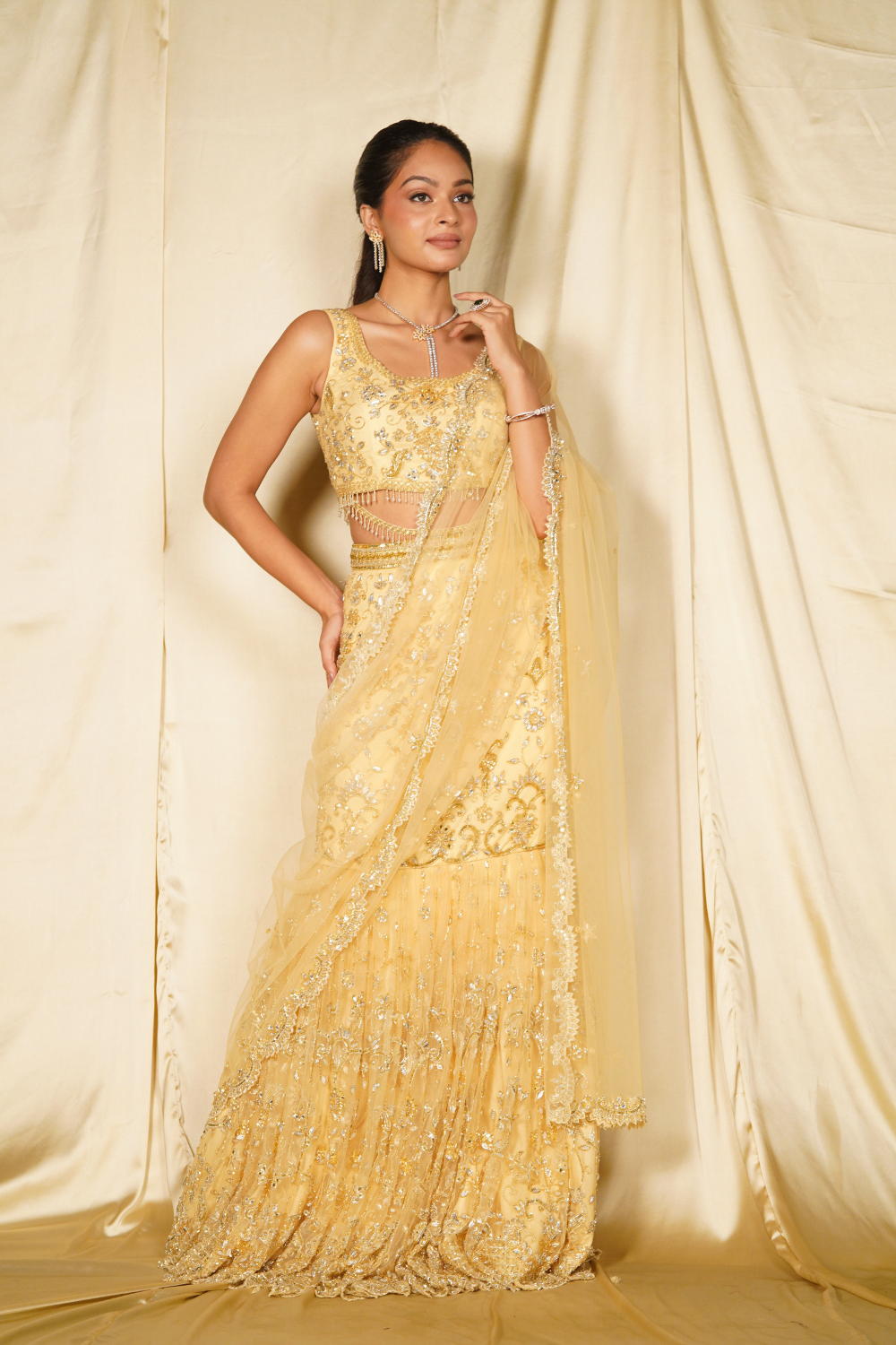 Gold embroidered fishcut saree set