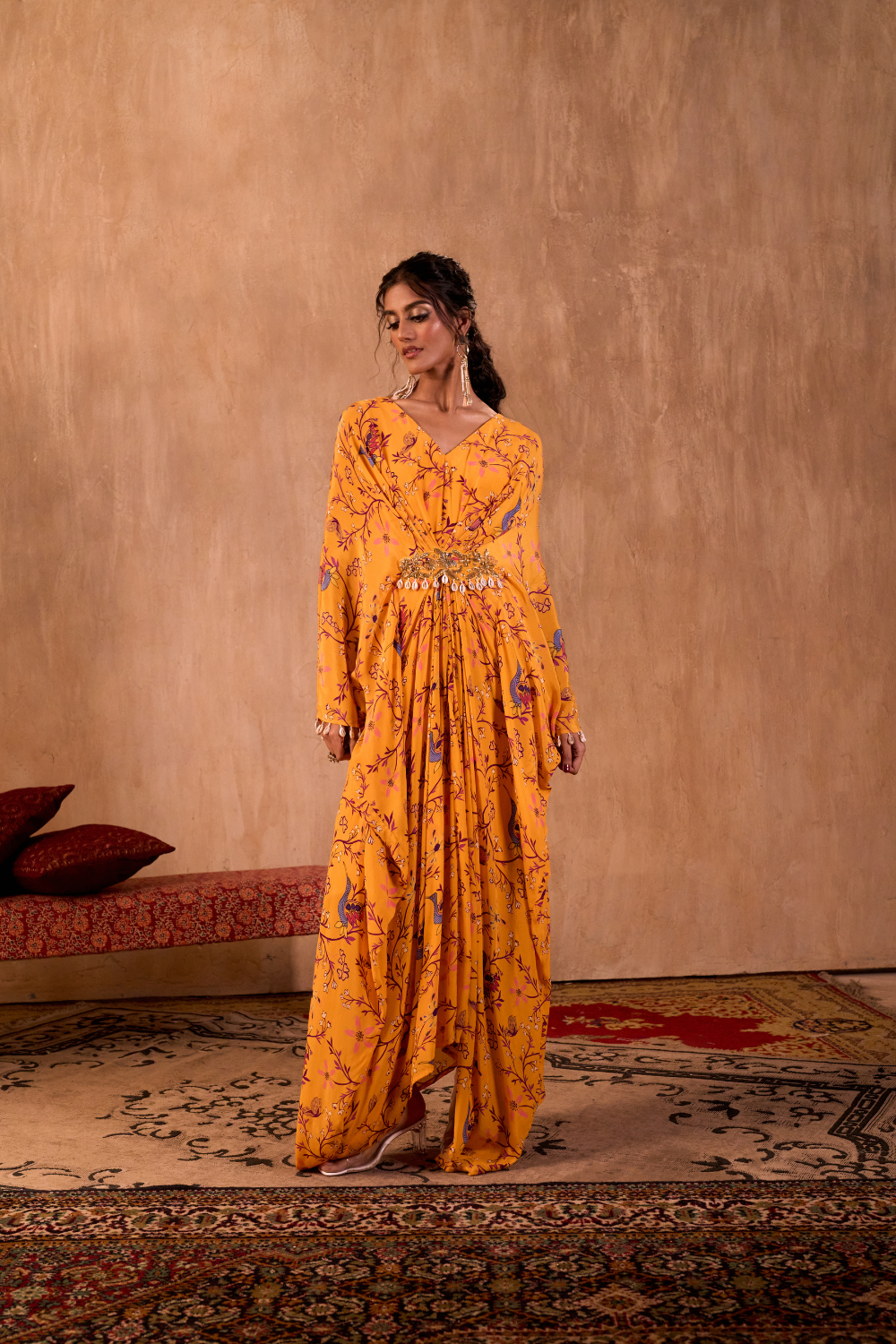 YELLOW PRINT DRAPED KAFTAN