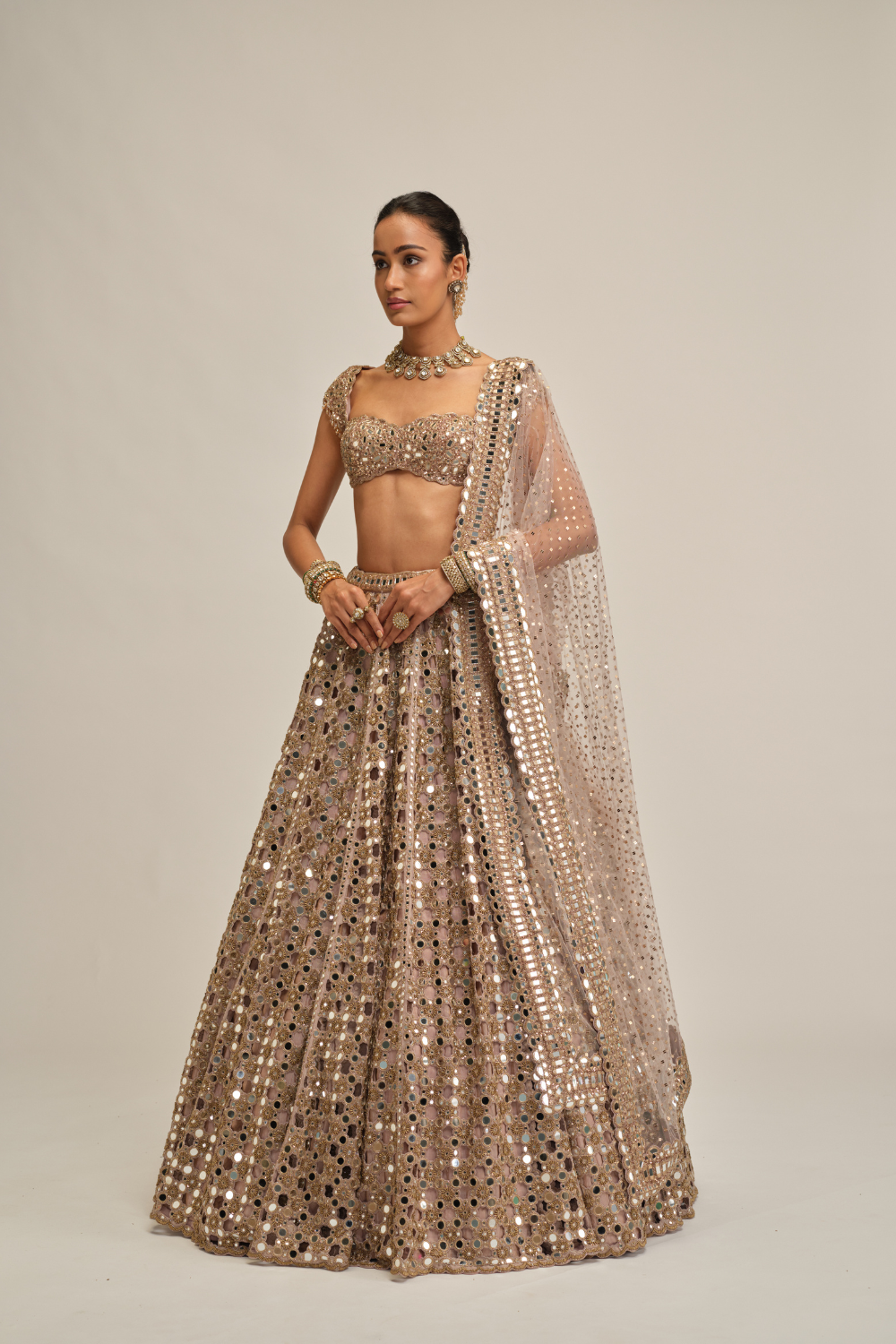 Ash Pink Dense Big Mirror Cutwork Lehenga Set
