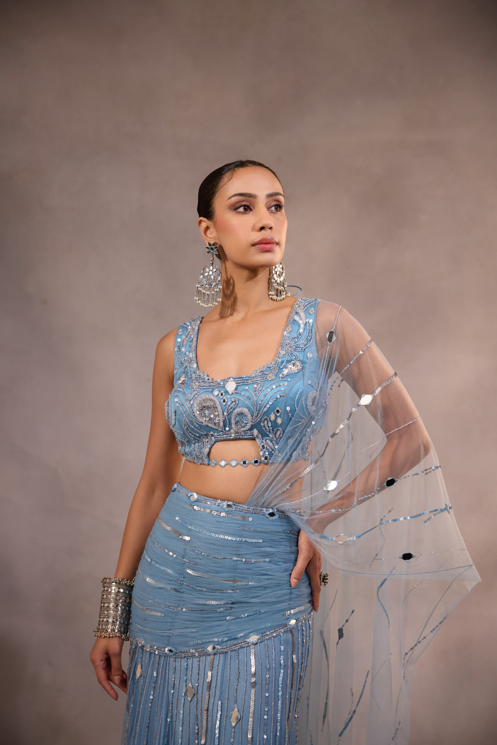 Powder Blue Embellished Mermaid Lehenga Saree Set