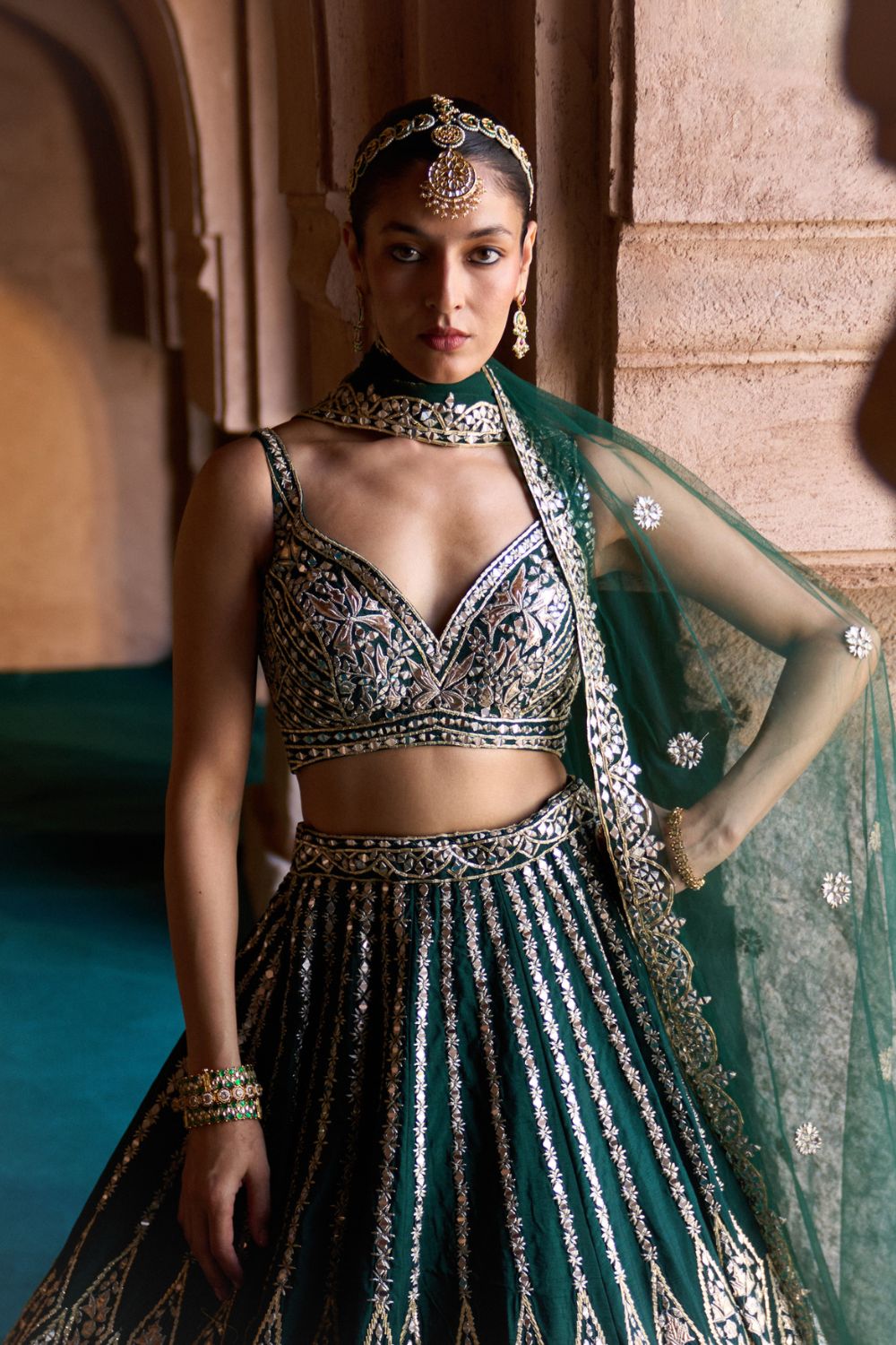 ZAMURRUD — Emerald Green Raw Silk Lehenga Set
