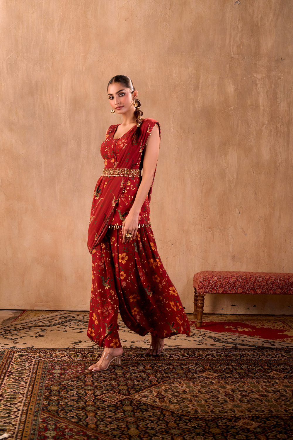 RED PRINT EMBROIDERED PEPLUM TOP, DRAPED PANTS, DRAPE AND BELT SET