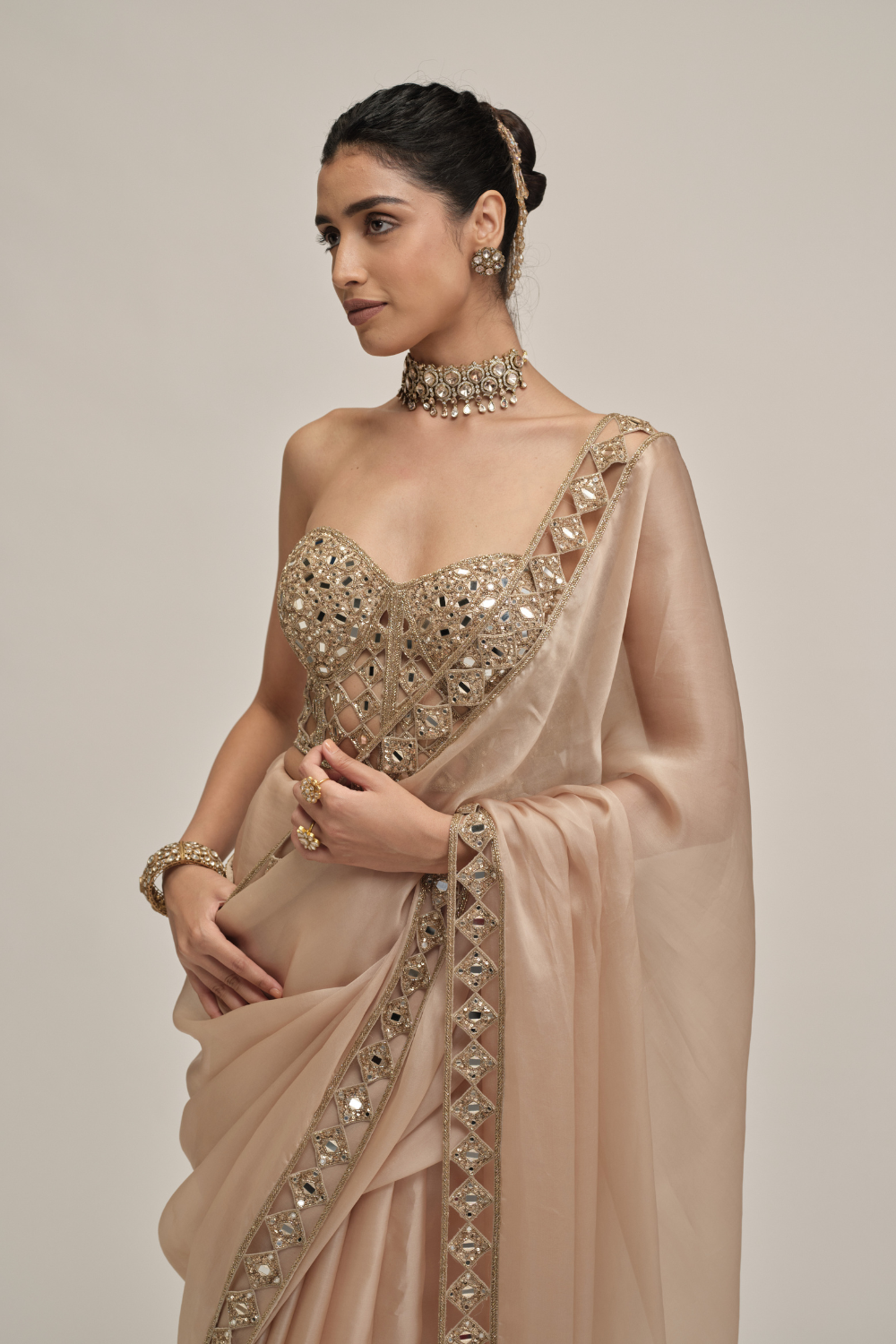 Light Beige Cutwork Border Saree with Corset Set