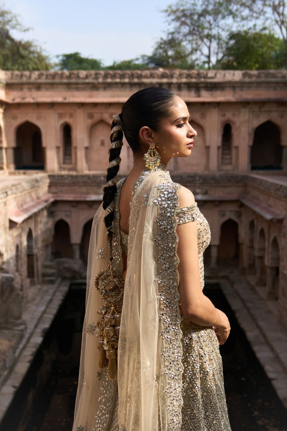 SUNEHRI — Antique Gold Net Lehenga Set