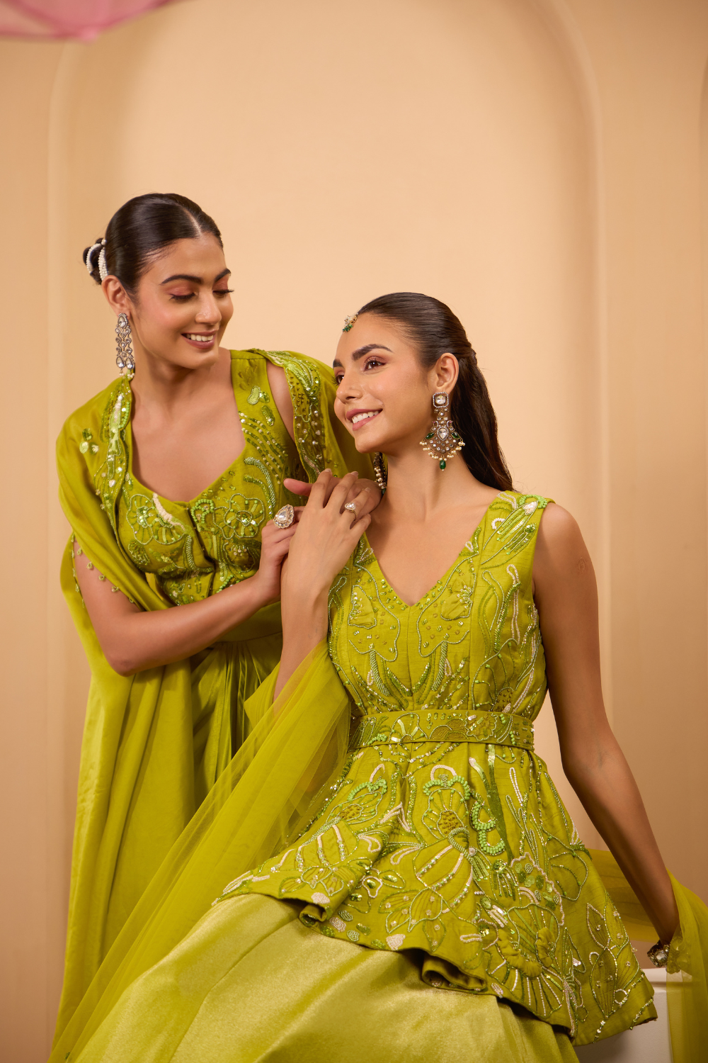 Green Hand Embroidered Peplum W/Lehenga & Dupatta
