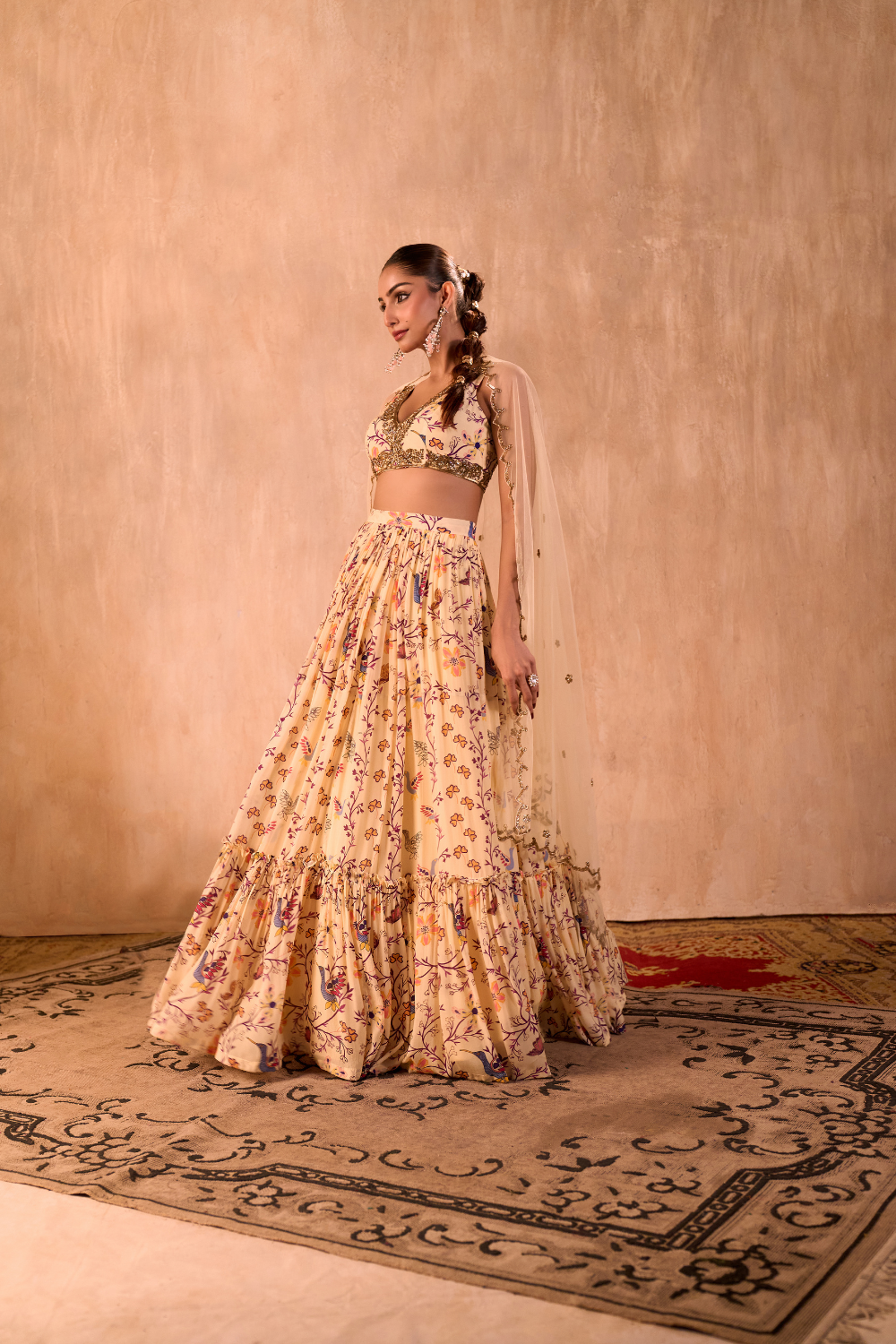 IVORY PRINT EMBROIDERED CHOLI, LAYERED LEHENGA AND DUPATTA SET