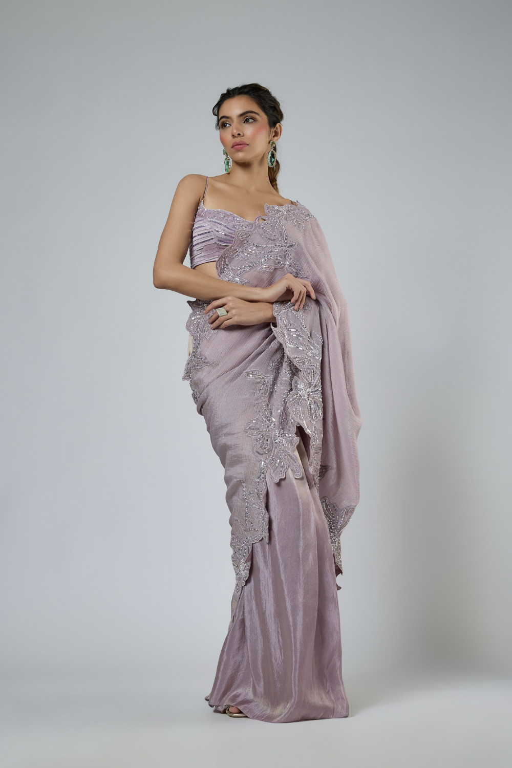 DUSTY LILAC AND PINK OMBRE CUT WORK INTRICATE EMBROIDERED SAREE SET