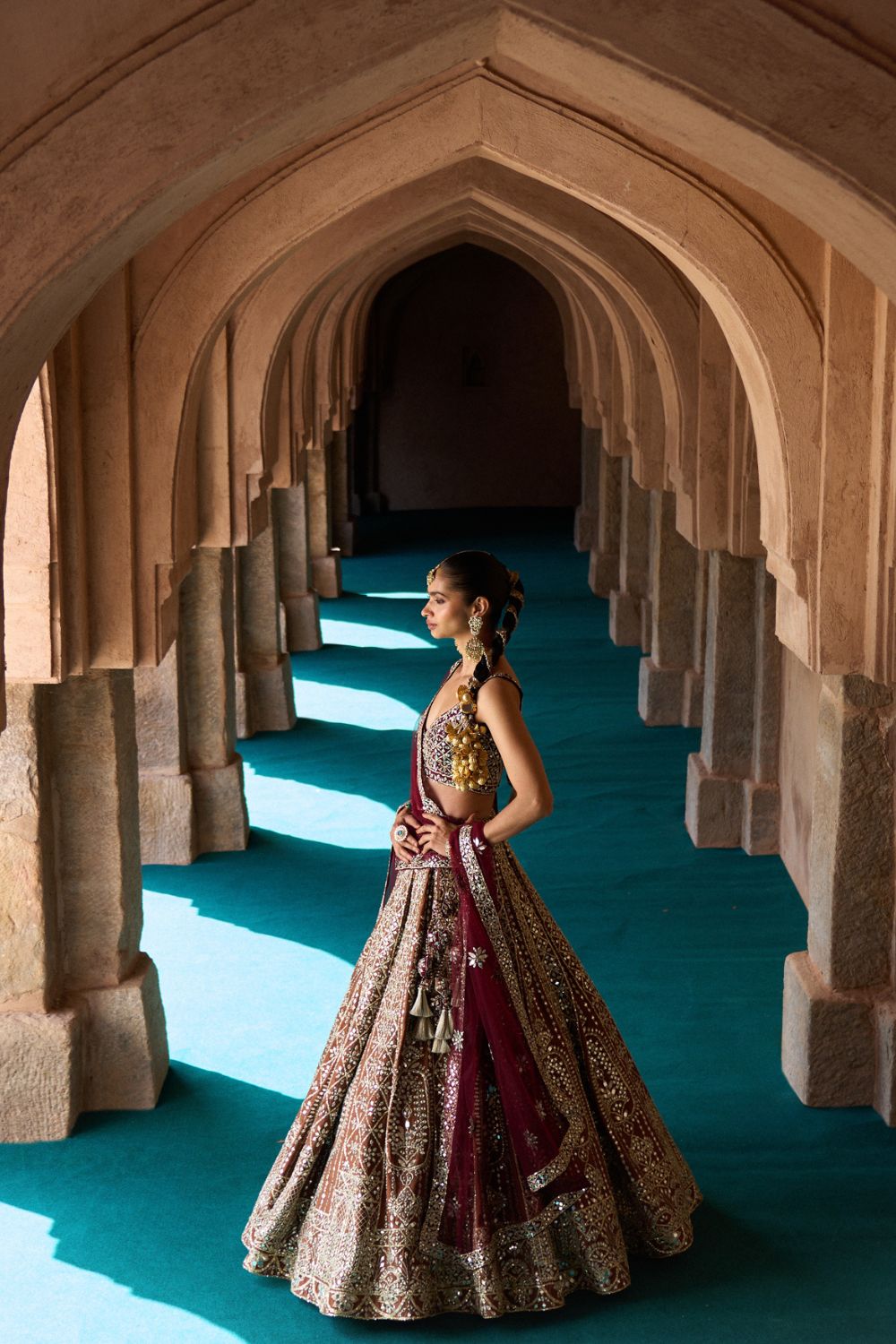 PRITHVI — Brown Raw Silk Lehenga Set with Contrast Maroon Blouse