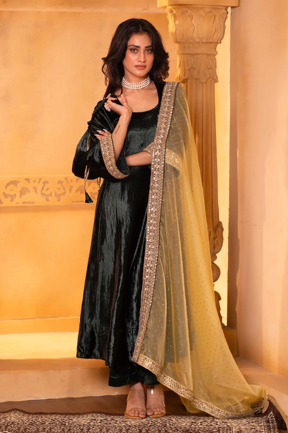 Emerald Velvet Anarkali Set