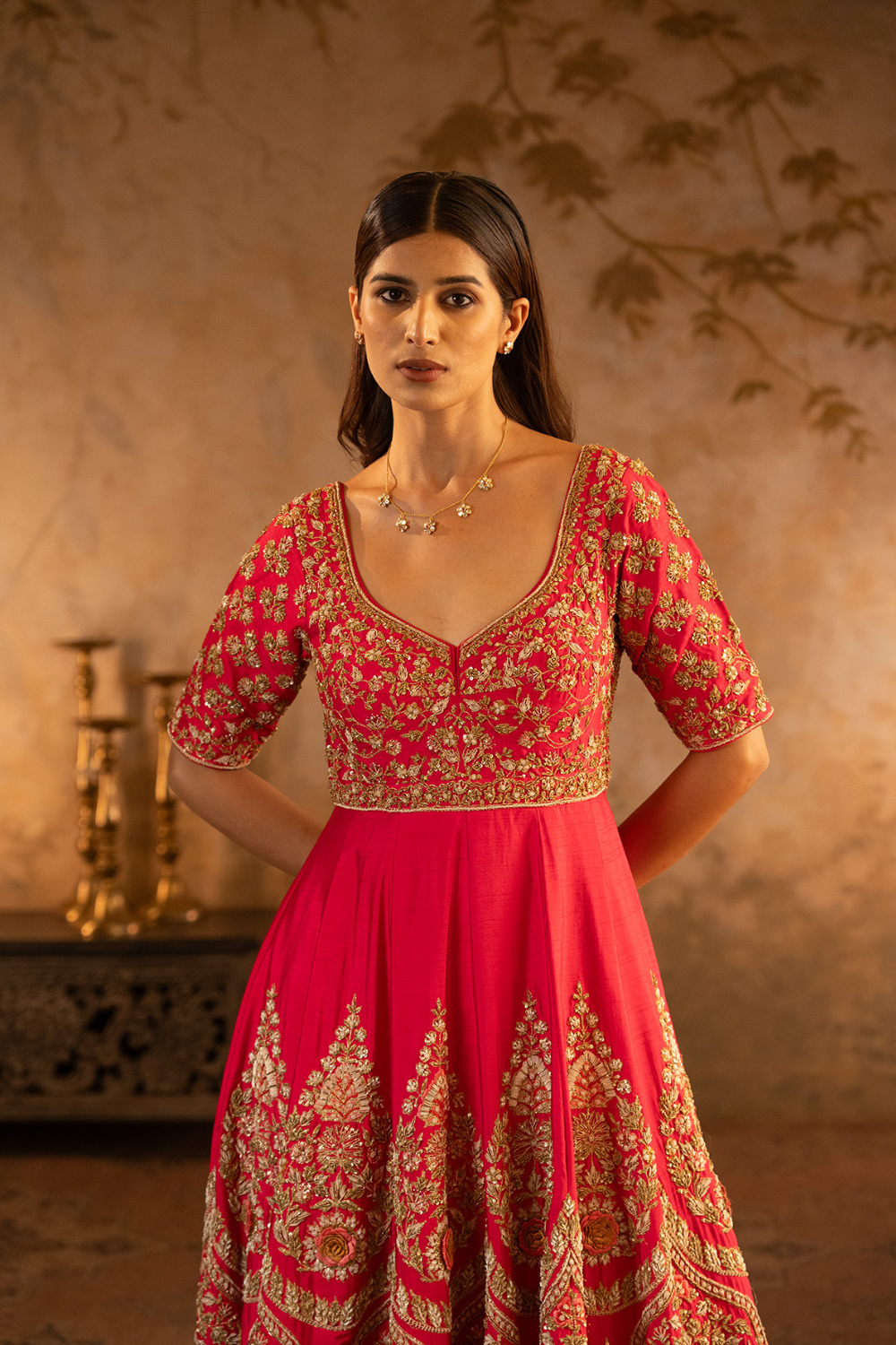 Red Raw Silk Anarkali Set