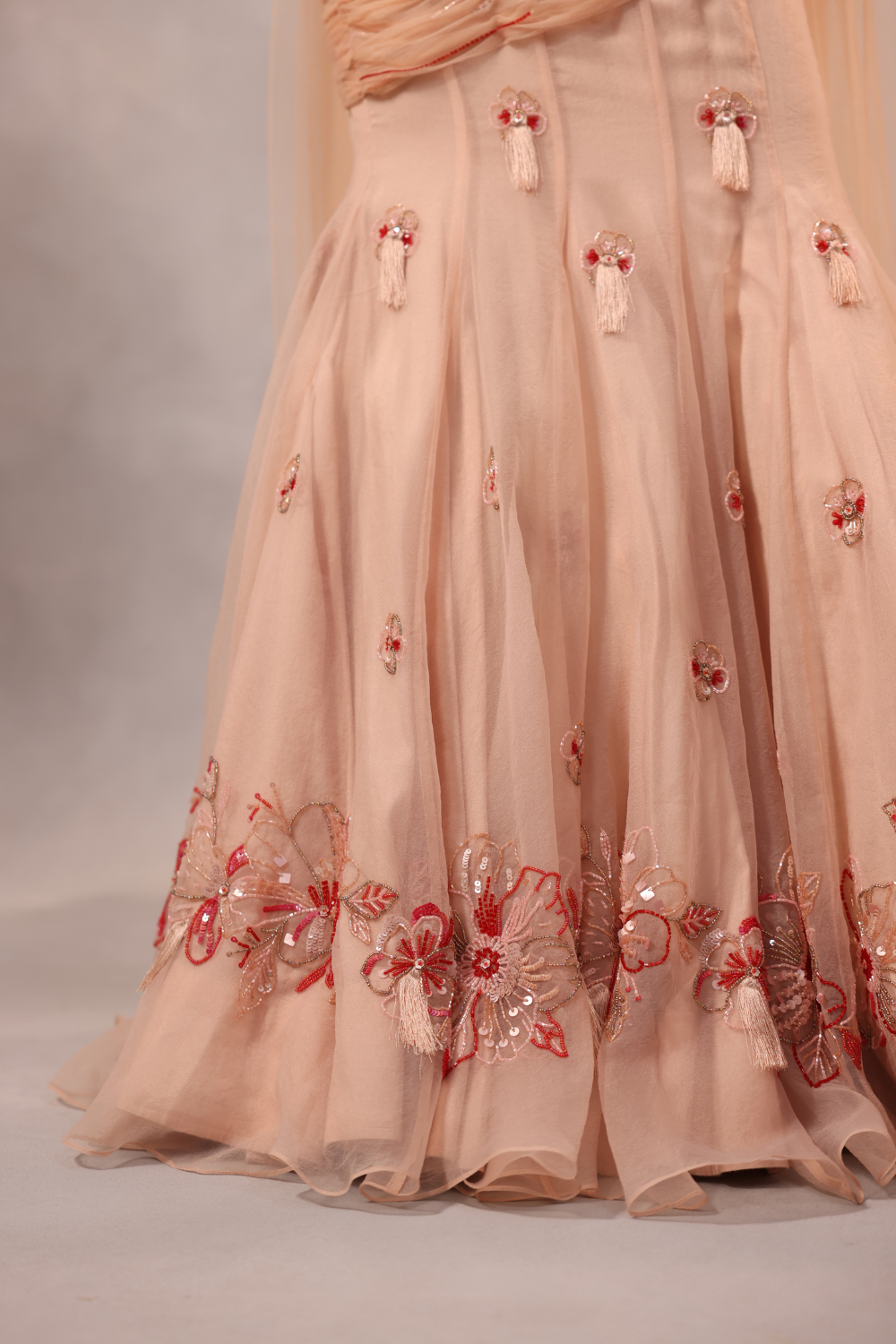 Powder Pink Embroidered Fishcut Drape Lehenga with Blouse -set of 3