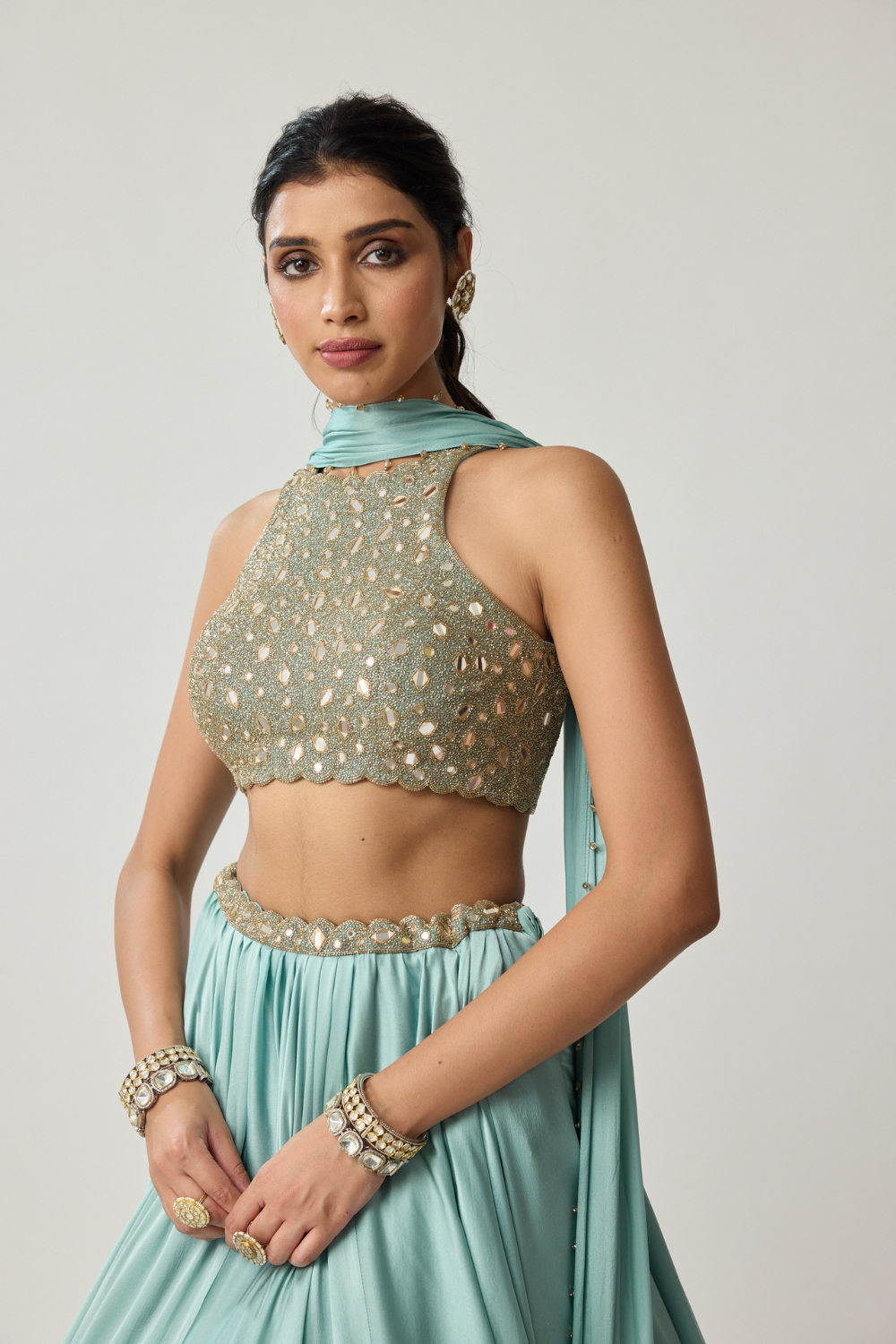 Powder Blue Mirror Satin Lehenga Set