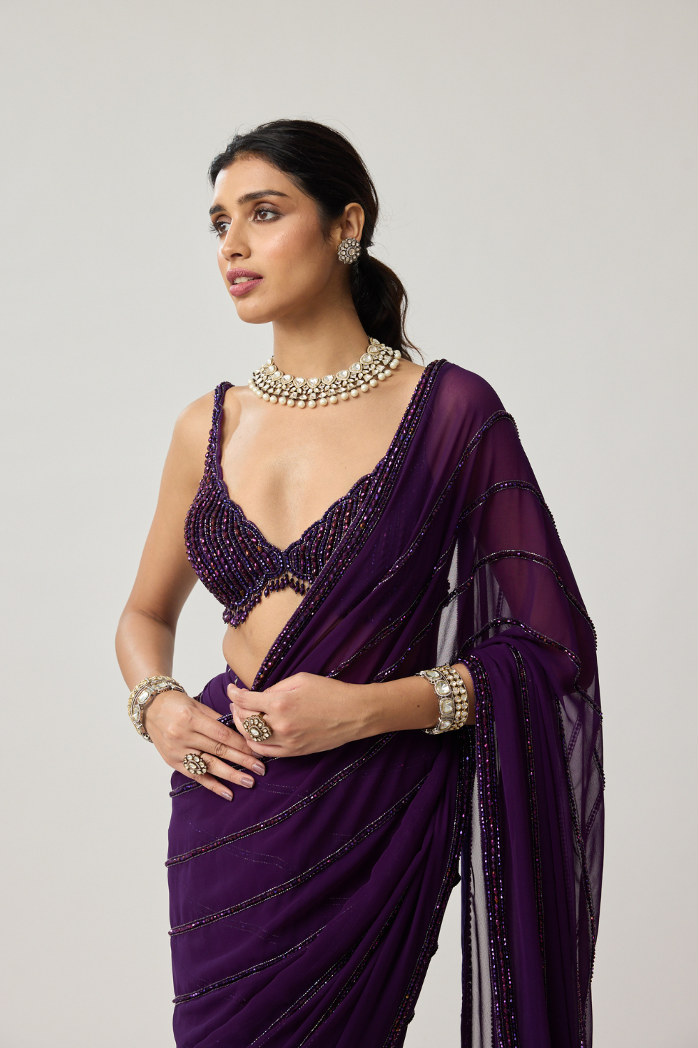 Royalty purple Crystal saree set
