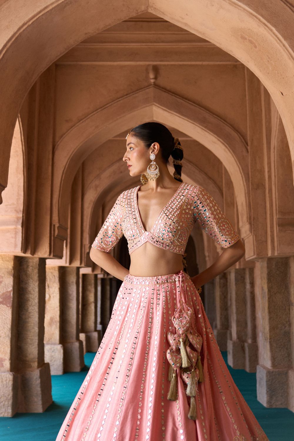 KESAR — Carrot Pink Raw Silk Lehenga Set